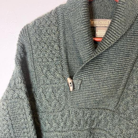 Aran Crafts Irish Cable Knit Forest Green Shawl Collar Sweater 100% Merino Wool - Picture 3 of 14